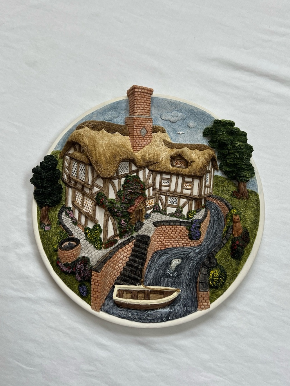 David Winters ON THE RIVERBANK Cottage Scene Hanging Plate Hand Made 1992 VTG